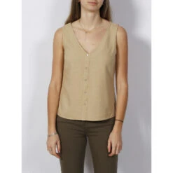 Débardeur En Lin Col V Boutons Milo Beige Femme - Vero Moda
