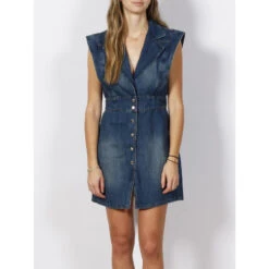 Robe En Jean Sans Manches Ceintré Stone Bleu Femme - Morgan