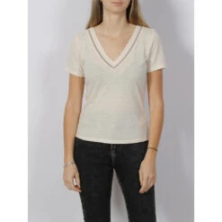 T-shirt Col V Strass Dress Blanc Ivoire Femme - Morgan