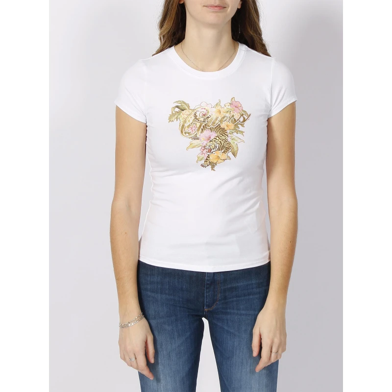 T-shirt Hibiscus Logo R4 Blanc Femme - Guess 3 T-shirt Hibiscus Logo R4 Blanc Femme - Guess