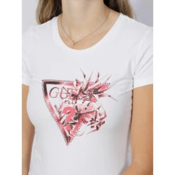 T-shirt Logo Triangle Fleurs Rose Blanc Femme - Guess -Vero Vetements Magasin t shirt logo triangle fleurs rose blanc femme guess 3