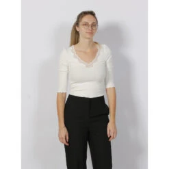 Top Manches 3/4 Col Dentelle Côtelé Blanc Femme - Salsa