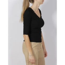 Top Manches 3/4 Col Dentelle Côtelé Noir Femme - Salsa -Vero Vetements Magasin top manches 34 col dentelle cotele noir femme salsa 2