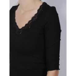 Top Manches 3/4 Col Dentelle Côtelé Noir Femme - Salsa -Vero Vetements Magasin top manches 34 col dentelle cotele noir femme salsa 3